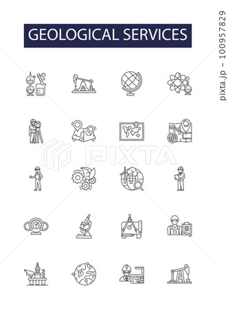 Geological services line vector icons and signs. Services, Surveying, Sampling, Drilling, Mapping, Analysis, Hydrology, Reporting outline vector illustration set Geological services line vector icons and signs. Services, Surveying, Sampling, Drilling, Mapping, Analysis, Hydrology, Reporting outline vector illustration set 100957829