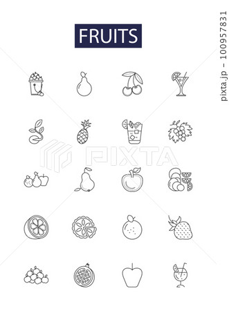 Fruits line vector icons and signs. Orange, Banana, Grape, Mango, Watermelon, Pineapple, Cherry, Avocado outline vector illustration set Fruits line vector icons and signs. Orange, Banana, Grape, Mango, Watermelon, Pineapple, Cherry, Avocado outline vector illustration set 100957831