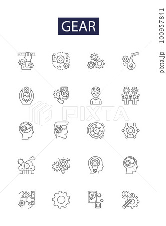 Gear line vector icons and signs. Wheel, Gearbox, Drivetrain, Cycle, Ratchet, Winch, Axle, Sprocket outline vector illustration set Gear line vector icons and signs. Wheel, Gearbox, Drivetrain, Cycle, Ratchet, Winch, Axle, Sprocket outline vector illustration set 100957841