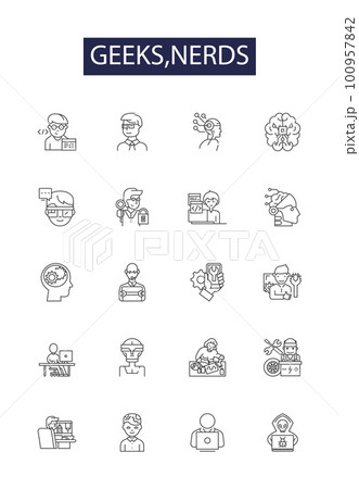 Geeks,nerds line vector icons and signs. Nerds, STEM, Technology, Coders, Programmers, Scientists, Computers, Mathematics outline vector illustration set Geeks,nerds line vector icons and signs. Nerds, STEM, Technology, Coders, Programmers, Scientists, Computers, Mathematics outline vector illustration set 100957842