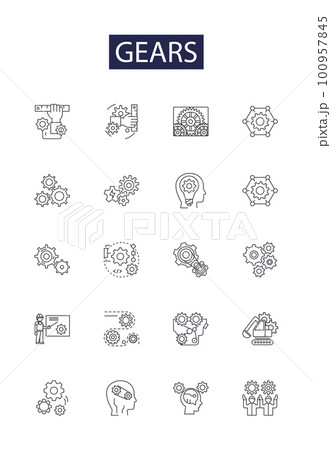 Gears line vector icons and signs. Ratchet, Wheels, Sprockets, Pulley, Axle, Shaft, Facettes, Worms outline vector illustration set Gears line vector icons and signs. Ratchet, Wheels, Sprockets, Pulley, Axle, Shaft, Facettes, Worms outline vector illustration set 100957845