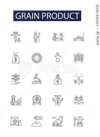 Grain product line vector icons and signs. Product, Wheat, Barley, Rice, Maize, Oats, Bran,Rye outline vector illustration set Grain product line vector icons and signs. Product, Wheat, Barley, Rice, Maize, Oats, Bran,Rye outline vector illustration set 100957849