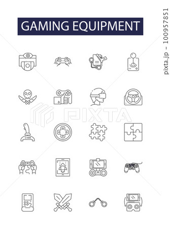 Gaming equipment line vector icons and signs. Mouse, Headset, Keyboard, Monitor, Speakers, Console, Cables, Cartridge outline vector illustration set Gaming equipment line vector icons and signs. Mouse, Headset, Keyboard, Monitor, Speakers, Console, Cables, Cartridge outline vector illustration set 100957851