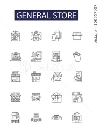 General store line vector icons and signs. Store, Grocery, Retailer, Shop, Storefront, Trading, Marketplace, Outlet outline vector illustration set 100957907