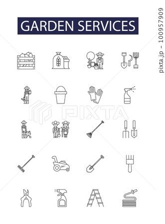 Garden services line vector icons and signs. Landscaping, Gardening, Mowing, Pruning, Fertilization, Raking, Watering, Planting outline vector illustration set Garden services line vector icons and signs. Landscaping, Gardening, Mowing, Pruning, Fertilization, Raking, Watering, Planting outline vector illustration set 100957909