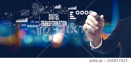 Digital Transformation concept with businessman at night Digital Transformation concept with businessman at night 100957925