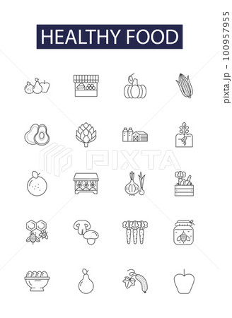 Healthy food line vector icons and signs. Vegetables, Fruits, Nuts, Grains, Dairy, Lean, Protein, Organic outline vector illustration set 100957955