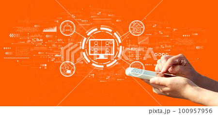 Online meeting theme with person using a smartphone Online meeting theme with person using a smartphone 100957956
