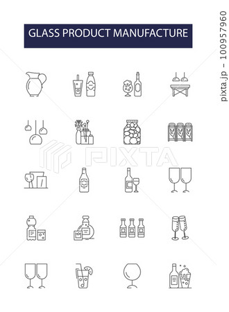 Glass product manufacture line vector icons and signs. Molding, Blowing, Cutting, Tempering, Engraving, Etching, Grinding, Bending outline vector illustration set Glass product manufacture line vector icons and signs. Molding, Blowing, Cutting, Tempering, Engraving, Etching, Grinding, Bending outline vector illustration set 100957960