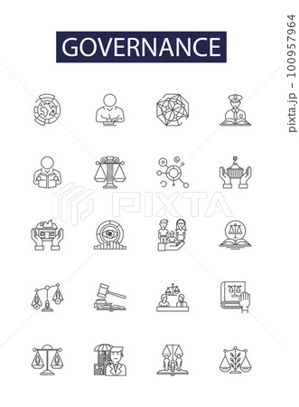Governance line vector icons and signs. Govern, Regulate, Rule, Direct, Oversee, Supervise, Manage, Control outline vector illustration set 100957964