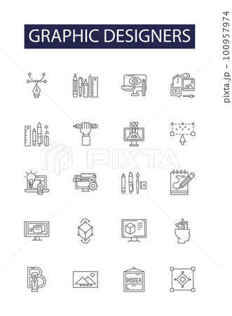 Graphic designers line vector icons and signs. Designers, Artist, Illustrator, Creative, Logo, Artwork, Photoshop, Vector outline vector illustration set Graphic designers line vector icons and signs. Designers, Artist, Illustrator, Creative, Logo, Artwork, Photoshop, Vector outline vector illustration set 100957974