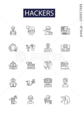 Hackers line vector icons and signs. internet, computer, data, security, virus, cyber, hacking,web outline vector illustration set 100957989
