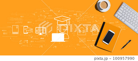 Distance learning theme with computer keyboard and office items 100957990