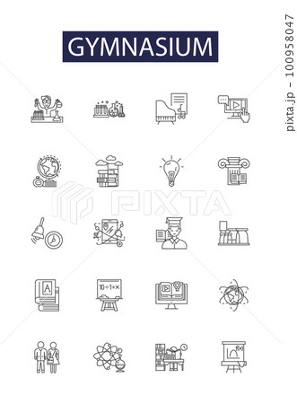 Gymnasium line vector icons and signs. Gym, School, Education, Training, Basketball, Volleyball, Fitness, Athletics outline vector illustration set Gymnasium line vector icons and signs. Gym, School, Education, Training, Basketball, Volleyball, Fitness, Athletics outline vector illustration set 100958047