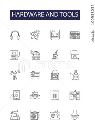 Hardware and tools line vector icons and signs. hardware, work, hammer, equipment, wrench, screwdriver, construction,diy outline vector illustration set 100958052