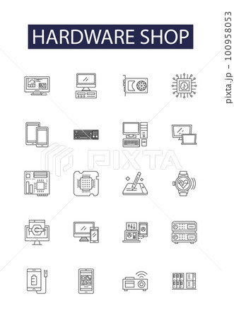 Hardware shop line vector icons and signs. Shop, Supplies, Tools, Building, Nuts, Bolts, Washers, Screws outline vector illustration set 100958053