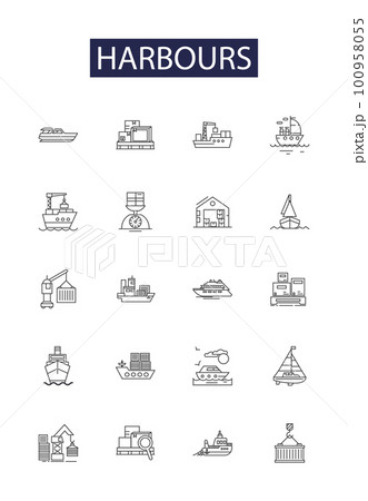 Harbours line vector icons and signs. Marinas, Wharfs, Jetties, Havens, Seaports, Quays, Pier, Anchorage outline vector illustration set Harbours line vector icons and signs. Marinas, Wharfs, Jetties, Havens, Seaports, Quays, Pier, Anchorage outline vector illustration set 100958055