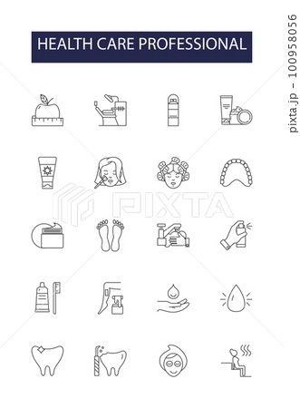 Health care professional line vector icons and signs. Nurse, Physician, Surgeon, Physiotherapist, Cardiologist, Dentist, Gynecologist, Psychologist outline vector illustration set 100958056