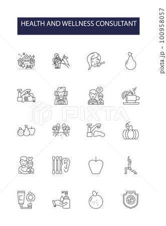 Health and wellness consultant line vector icons and signs. Wellness, Consultant, Adviser, Coach, Nutrition, Fitness, Exercise, Therapy outline vector illustration set 100958057