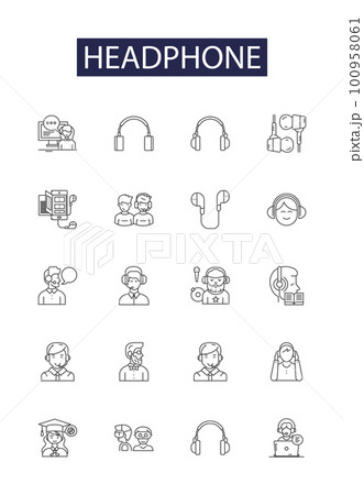 Headphone line vector icons and signs. Earbuds, Obliques, Auriculars, Auricula, Audiophiles, Acoustic, Open-back, Closed-back outline vector illustration set 100958061