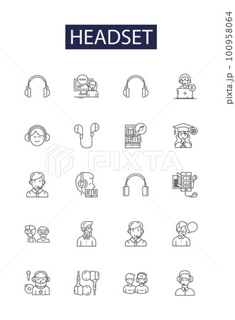 Headset line vector icons and signs. Earphones, Earbuds, Mic, Muff, Telephone, Phone, Listening, Orchestrate outline vector illustration set Headset line vector icons and signs. Earphones, Earbuds, Mic, Muff, Telephone, Phone, Listening, Orchestrate outline vector illustration set 100958064