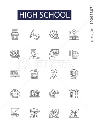 High school line vector icons and signs. Refectory, Learning, Books, Teachers, Scholars, Discipline, Grades, Exams outline vector illustration set 100958074
