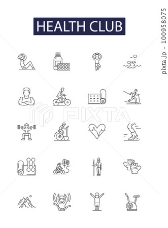 Health club line vector icons and signs. Gym, Yoga, Sports, Wellness, Exercise, Aerobics, Training, Swimming outline vector illustration set 100958075