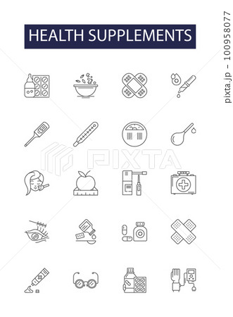 Health supplements line vector icons and signs. Minerals, Botanicals, Protein, Extracts, Multi-vitamins, Calcium, Probiotics, Omega-3 outline vector illustration set Health supplements line vector icons and signs. Minerals, Botanicals, Protein, Extracts, Multi-vitamins, Calcium, Probiotics, Omega-3 outline vector illustration set 100958077