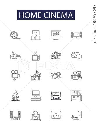 Home cinema line vector icons and signs. Surround, Theater, Sound, Speakers, Receiver, Film, Room, Streaming outline vector illustration set 100958098