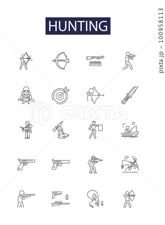 Hunting line vector icons and signs. Tracking, Prey, Stalking, Trailing, Pursuit, Sniping, Baiting, Chasing outline vector illustration set Hunting line vector icons and signs. Tracking, Prey, Stalking, Trailing, Pursuit, Sniping, Baiting, Chasing outline vector illustration set 100958113