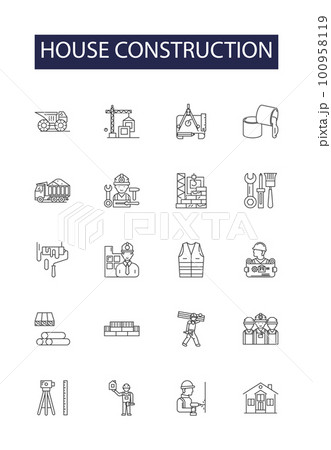 House construction line vector icons and signs. Constructing, Erecting, Frame, Framing, Masonry, Foundations, Walls, Roofing outline vector illustration set 100958119
