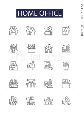Home office line vector icons and signs. Desk, Office, Chair, Computer, Printer, Storage, Shelves, Writing outline vector illustration set 100958178