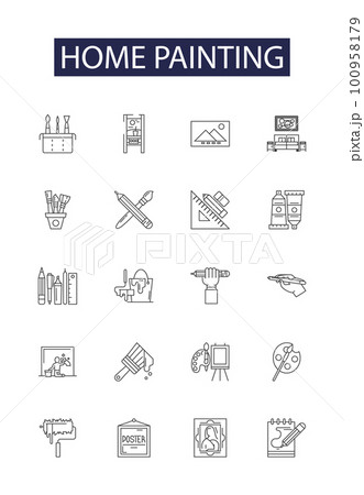 Home painting line vector icons and signs. Home, Interior, Exterior, Wall, Room, Colors, Brushes, Decorating outline vector illustration set 100958179