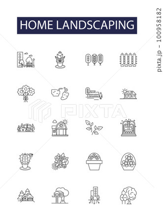 Home landscaping line vector icons and signs. Home, Garden, Design, Planting, Turf, Paths, Patio, Hardscaping outline vector illustration set 100958182