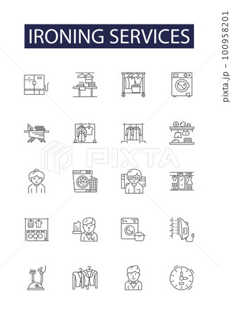 Ironing services line vector icons and signs. Services, Laundry, Pressing, Garment, Clothes, Clothing, Steam, Wrinkle outline vector illustration set Ironing services line vector icons and signs. Services, Laundry, Pressing, Garment, Clothes, Clothing, Steam, Wrinkle outline vector illustration set 100958201