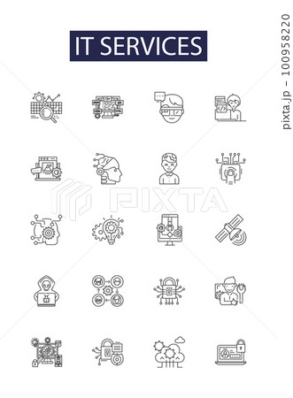 It services line vector icons and signs. Services, Consulting, Support, Network, Security, Integration, Outsourcing, Maintenance outline vector illustration set 100958220