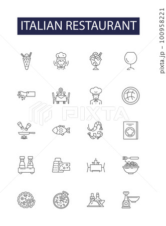 Italian restaurant line vector icons and signs. Pizza, Risotto, Tiramisu, Caprese, Salami, Biscotti, Parmesan, Ravioli outline vector illustration set 100958221