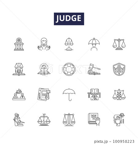 Judge line vector icons and signs. Decide, Assess, Umpire, Adjudge, Dictate, Juggle, Preside, Rule outline vector illustration set 100958223