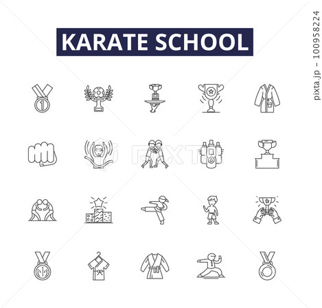Karate school line vector icons and signs. School, Dojo, Martial, Arts, Training, Instructor, Program, Classes outline vector illustration set 100958224