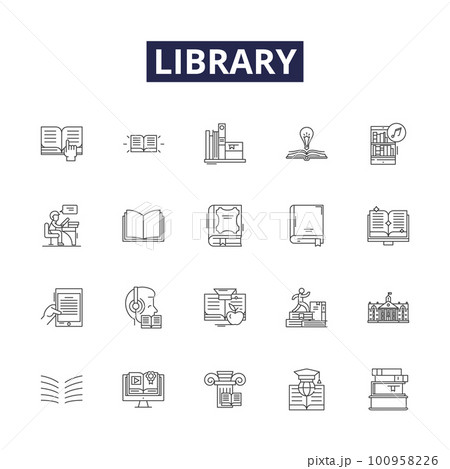 Library line vector icons and signs. cataloguing, catalogs, archives, librarians, literature, research, borrowing, reference outline vector illustration set Library line vector icons and signs. cataloguing, catalogs, archives, librarians, literature, research, borrowing, reference outline vector illustration set 100958226