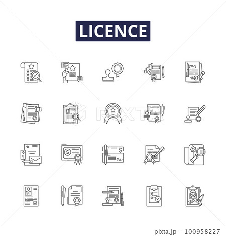 Licence line vector icons and signs. Authorization, Registration, Accord, Credential, Concession, Certificate, Vacation, Freedom outline vector illustration set Licence line vector icons and signs. Authorization, Registration, Accord, Credential, Concession, Certificate, Vacation, Freedom outline vector illustration set 100958227