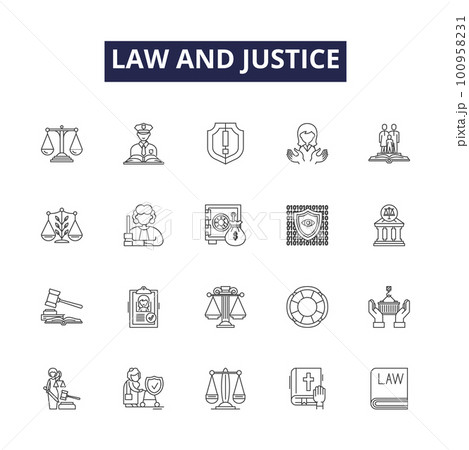 Law and justice line vector icons and signs. Justice, Trials, Courts, Jurisdiction, Sentencing, Advocacy, Legislation, Contracts outline vector illustration set 100958231