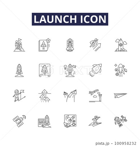 Launch icon line vector icons and signs. Icon, Button, Symbol, Image, Logo, Start, Program, App outline vector illustration set 100958232