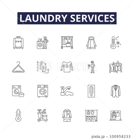 Laundry services line vector icons and signs. Washing, Ironing, Cleaning, Pressing, StainRemoval, Mending, Curtains, Pickup outline vector illustration set Laundry services line vector icons and signs. Washing, Ironing, Cleaning, Pressing, StainRemoval, Mending, Curtains, Pickup outline vector illustration set 100958233