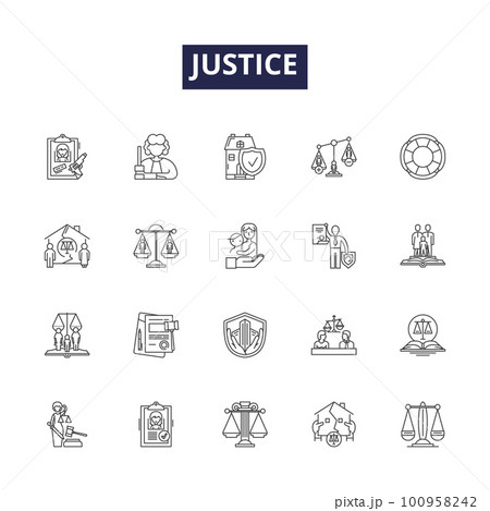 Justice line vector icons and signs. Equity, Fairness, Righteousness, Judge, Justice, Morality, Legality, Impartiality outline vector illustration set 100958242