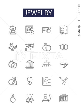 Jewelry line vector icons and signs. Ornaments, Charms, Necklaces, Rings, Bracelets, Earrings, Pendants, Lockets outline vector illustration set 100958246