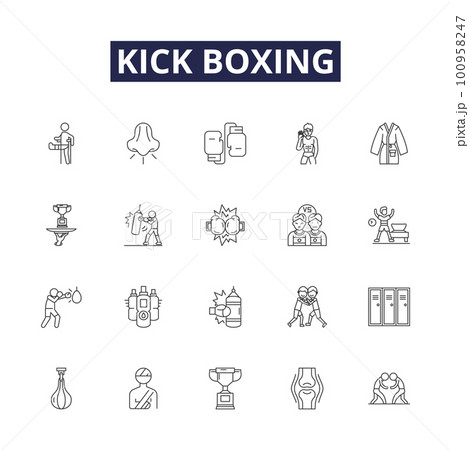 Kick boxing line vector icons and signs. Pummeling, Striking, Punching, Sparring, Jabbing, Kicking, Uppercuts, Knocking outline vector illustration set Kick boxing line vector icons and signs. Pummeling, Striking, Punching, Sparring, Jabbing, Kicking, Uppercuts, Knocking outline vector illustration set 100958247