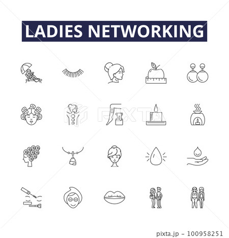 Ladies networking line vector icons and signs. Networking, Ladies, Connecting, Relating, Gathering, Collocating, Interacting, Cohabiting outline vector illustration set Ladies networking line vector icons and signs. Networking, Ladies, Connecting, Relating, Gathering, Collocating, Interacting, Cohabiting outline vector illustration set 100958251