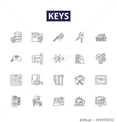 Keys line vector icons and signs. keyring, security, open, unlock, door, ignition, cylinder, safe outline vector illustration set Keys line vector icons and signs. keyring, security, open, unlock, door, ignition, cylinder, safe outline vector illustration set 100958252