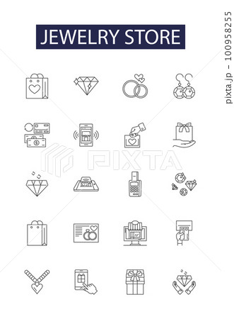 Jewelry store line vector icons and signs. store, diamonds, rings, necklaces, earrings, bracelets, charms, watches outline vector illustration set 100958255
